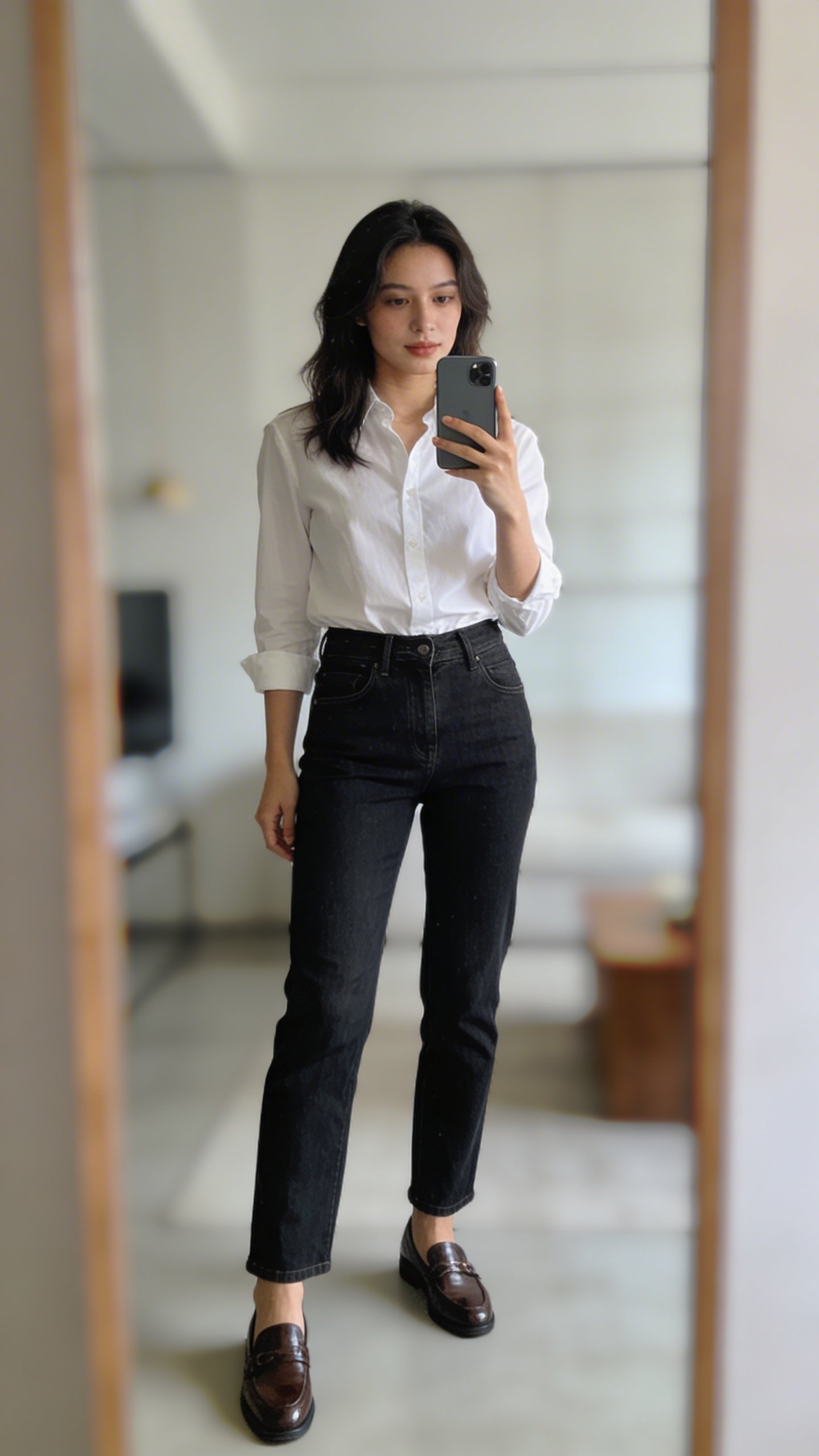 Ultra-realistic fashion influencer shot of a beautiful 27-year-old woman taking a mirror selfie in a minimal, softly blurred modern interior. She wears an elevated casual outfit: straight-leg dark denim, a crisp white button-down tucked in, and polished loafers; she holds an iPhone in one hand, capturing a full-length, Pinterest-style vertical frame. Natural daylight streams in, balanced tones, clean editorial vibe, no text, full-body framing with the phone visible and a subtle, fashion-forward footwear emphasis.