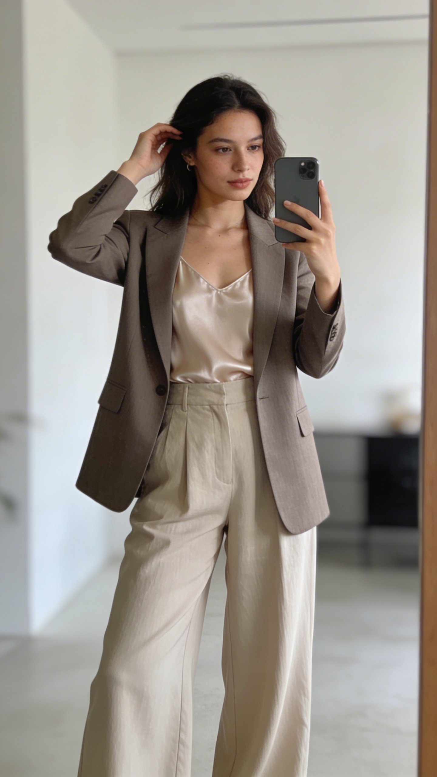 Ultra-realistic fashion influencer shot: a beautiful 27-year-old woman standing in a minimal, modern interior, taking a mirror selfie. She wears a casually chic, fashion-forward outfit (e.g., tailored blazer over a silky camisole with high-waisted wide-leg trousers). She holds an iPhone in one hand, naturally visible, while the other hand lightly adjusts her hair or lapel. Full-length framing in aPinterest vertical layout, soft natural daylight, balanced tones, clean editorial fashion aesthetic. The background is softly blurred to keep the focus on her look; no text on image.