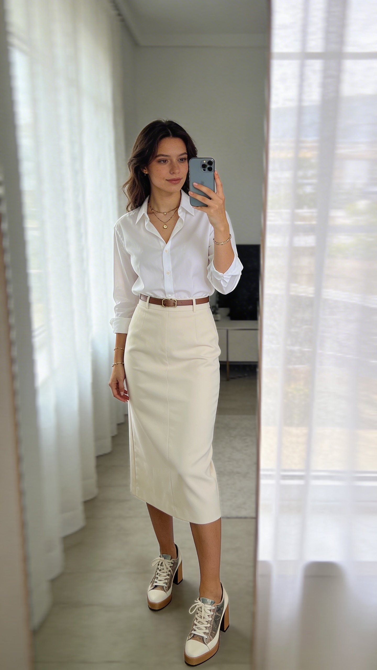 Ultra-realistic fashion influencer shot: a beautiful 27-year-old woman posing in a softly blurred, minimal modern interior, mid-mirror selfie capturing a full-body view. Outfit mixes smart and casual: crisp white button-down tucked into structured midi skirt with stylish sneakers or heeled loafers, naturally layered accessories (delicate necklace, slim belt). iPhone visible in her hand, natural pose as she checks her reflection. Pinterest vertical layout, full-length framing, soft daylight filtering through sheer curtains, clean editorial vibe, no text overlays.