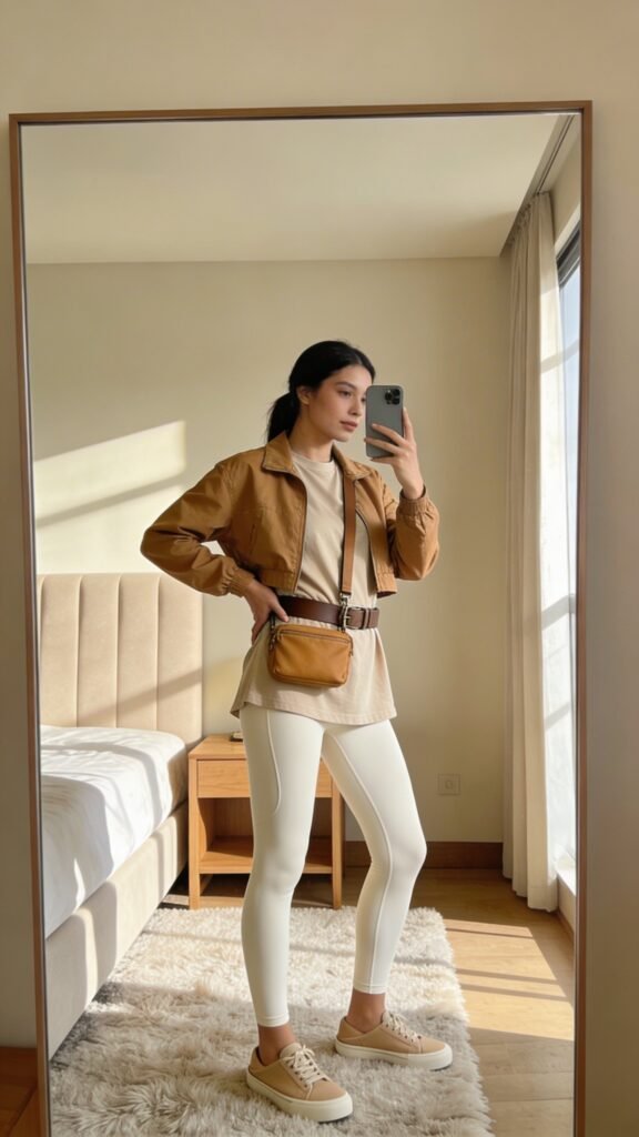 Sporty-Chic Neutrals: Cream Leggings With Earth Tones