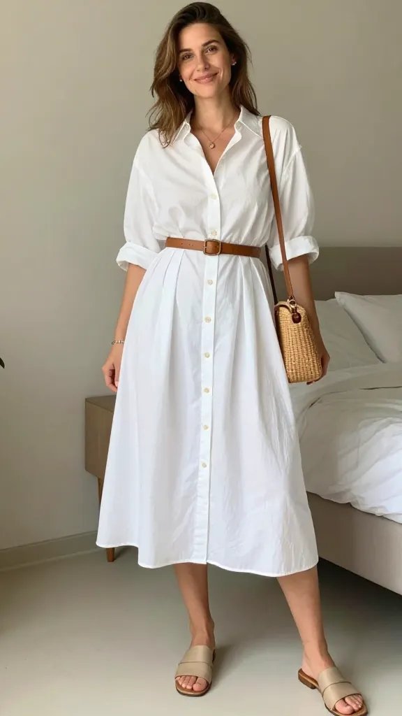 White Button-Front Midi Dress With Everyday Gleam