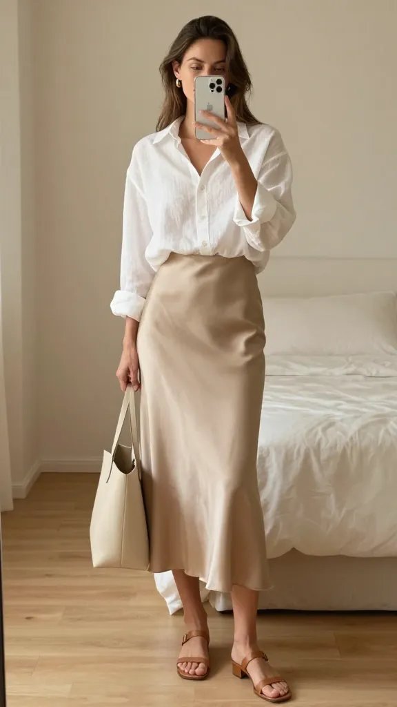 Sand-Silk Slip Skirt + Crisp Linen Button-Down That Seduces with Simplicity. Neutral Summer Looks