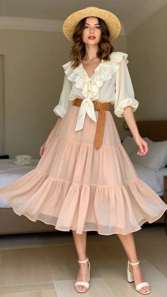 Ruffled Blouse Paired With A Voluminous Midi Skirt