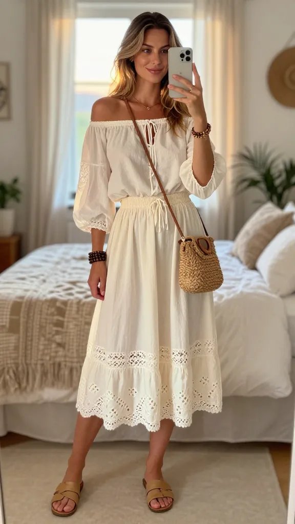 Embroidered Midi Skirt + Off-Shoulder Top