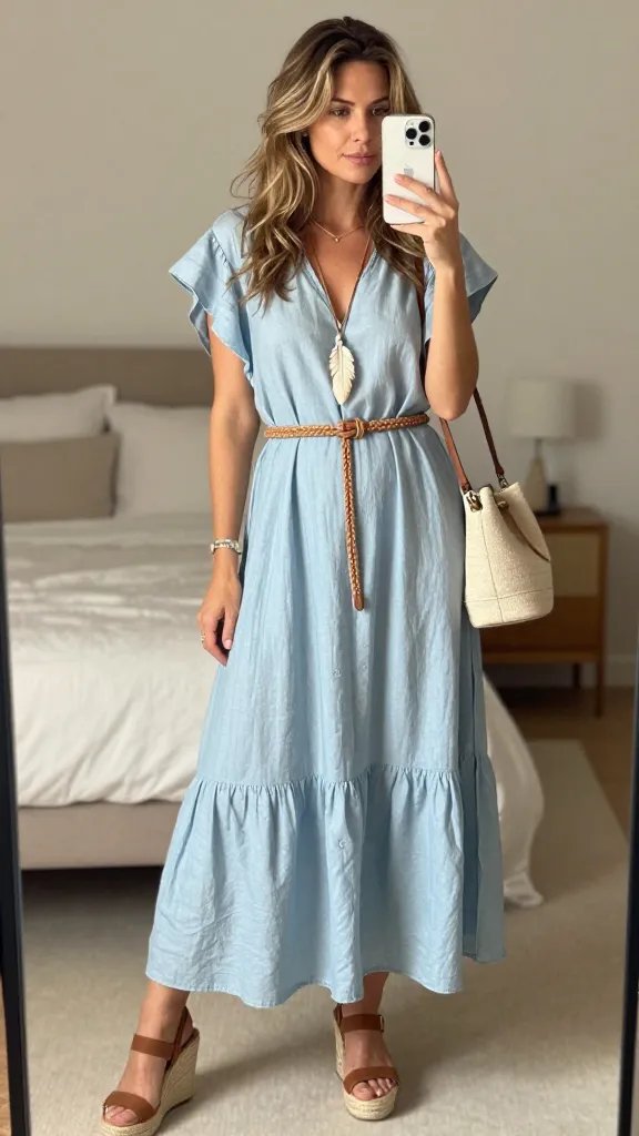 Chambray Maxi Dress With Boho Belt