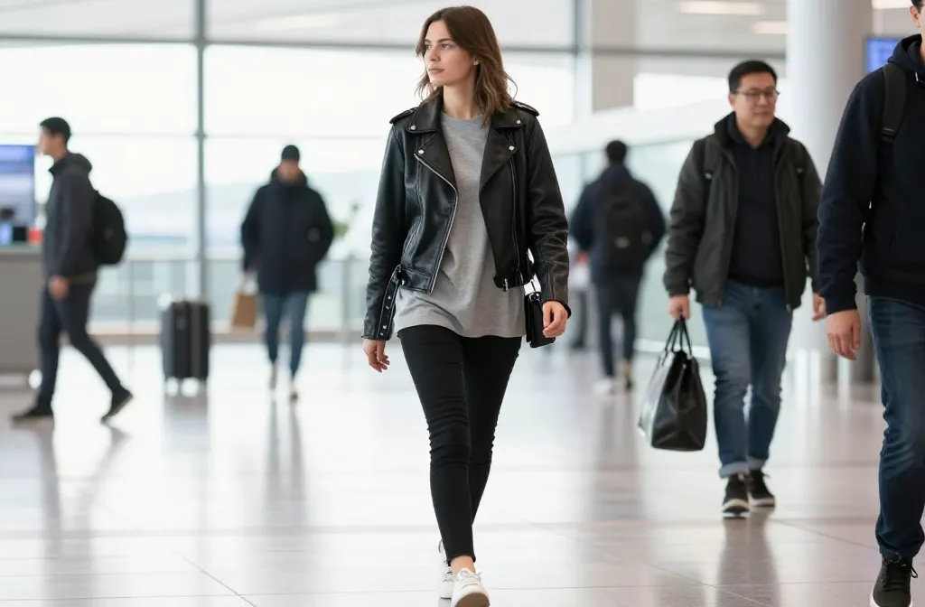 8 Airport Outfit Ideas Featuring Sneakers and Leather Jackets: Chic Travel Looks