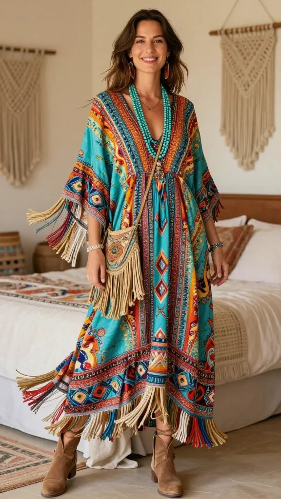 Brightly printed maxi boho dress with fluttery fringe accents, paired with a fringe kimono or shawl, gladiator or suede ankle boots, and layered turquoise or beaded necklaces. A crossbody bag with tassels rests at her hip, completing the festival-ready look. 