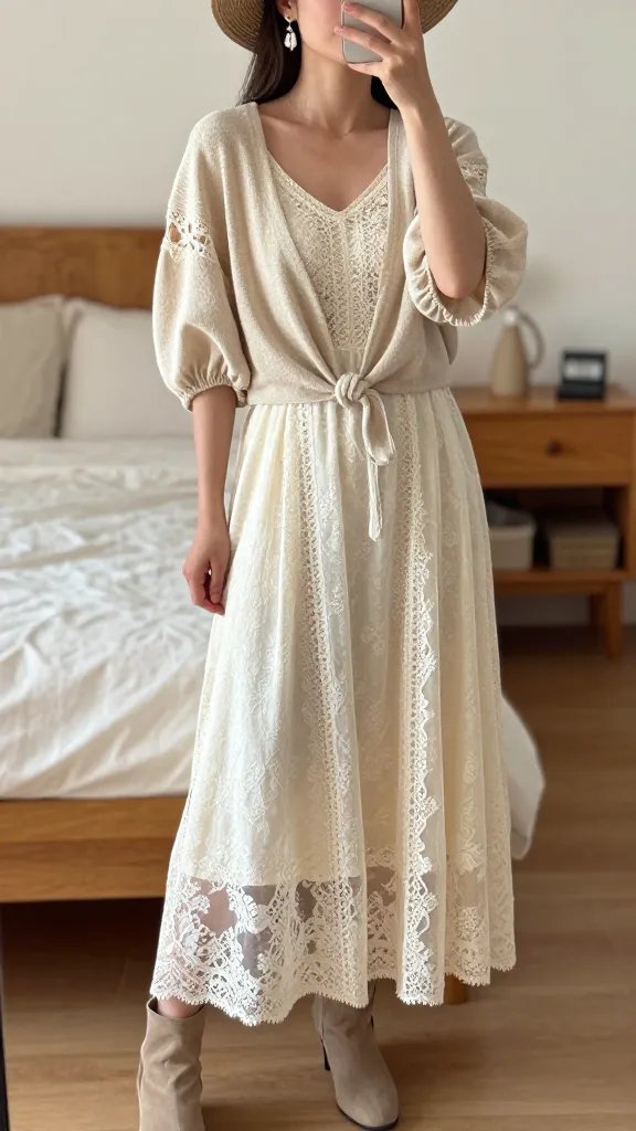 Maxi dress with lace panels and puffed sleeves, paired with a beige cardigan worn open or slightly cropped to showcase sleeve details, neutral-toned ankle boots, and a floppy hat or headband. Accessorize with beaded or shell earrings. The cardigan sleeve is shortened or knotted at the waist to create a structured silhouette, while the dress maintains its prairie-romance vibe. 