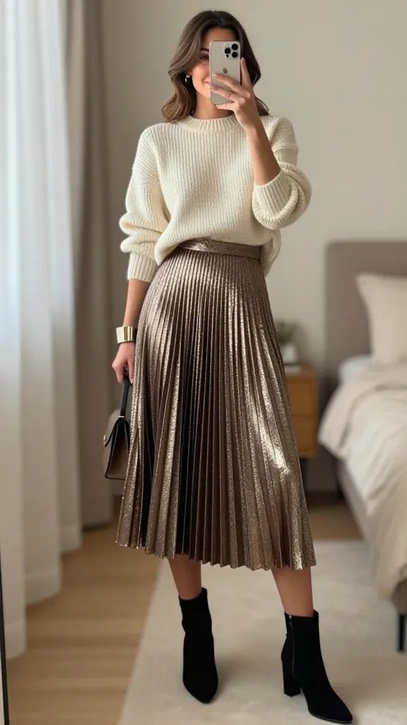 Chunky Knit With Pleated Midi Skirt For Cozy Glam