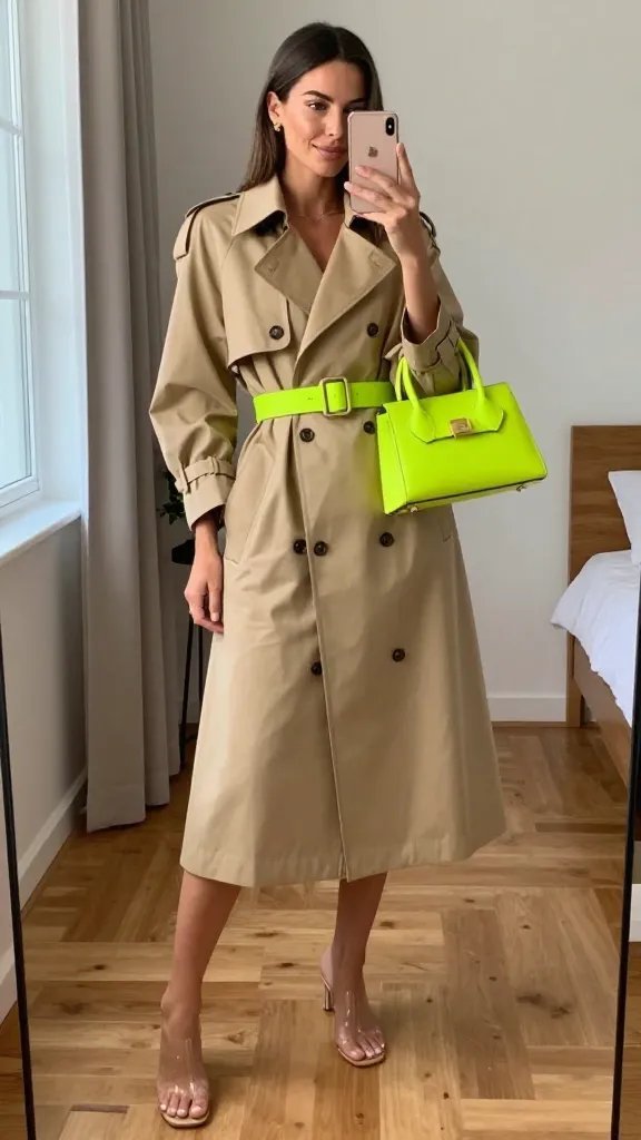 Belted Trench Dress With Neon Pop Accessories