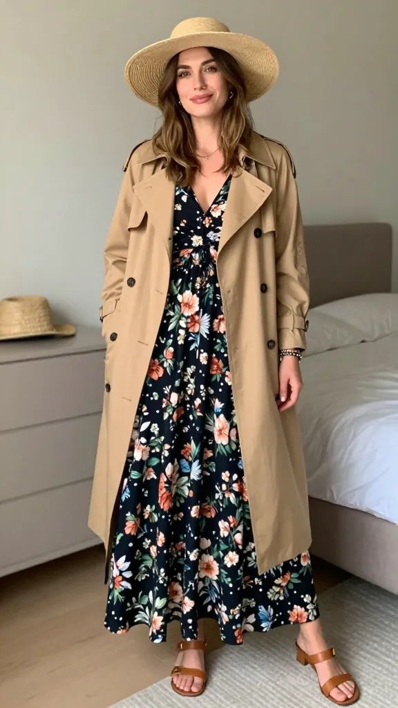 Floral Maxi Dress Layered With a Lightweight Trench for Unexpected Depth