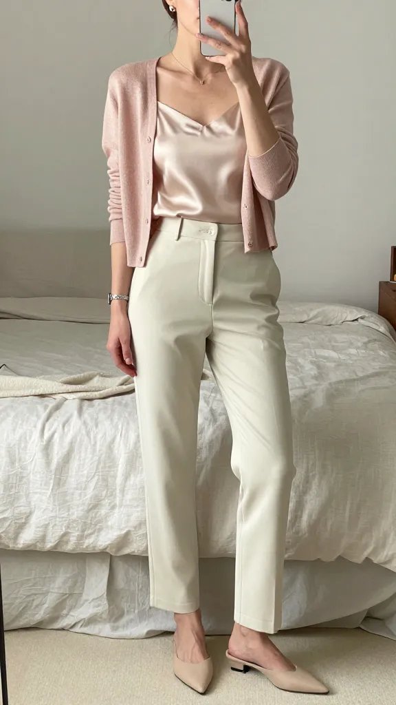 Soft-Wurnished Cardigan Over a Silk Camisole With Tailored Trousers