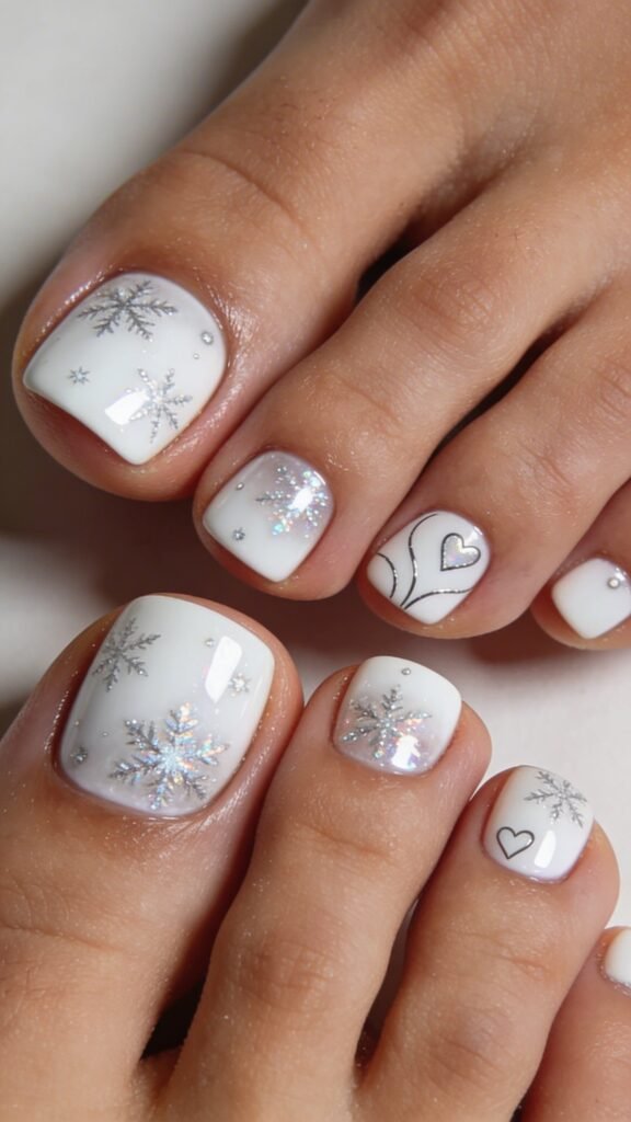 Snowflake Winter Whites Toe Nail Design