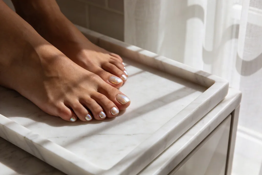 Milky White Pedicure Ideas (Luxury Nail Trend): Luxe Toe Glow