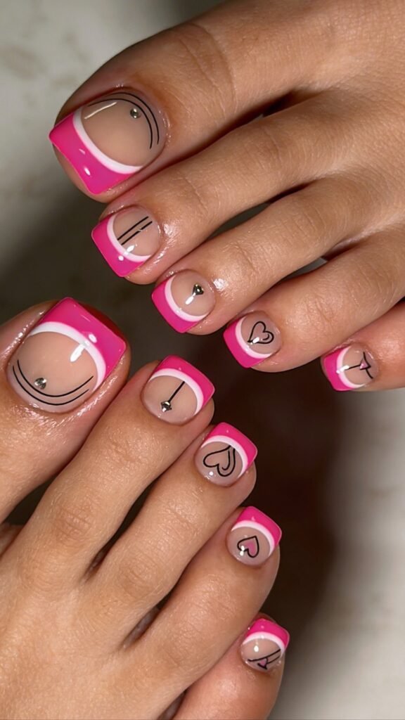 Neon Barbie Pink France Tip Play. Hot Pink Pedicure Ideas for Summer Vibes