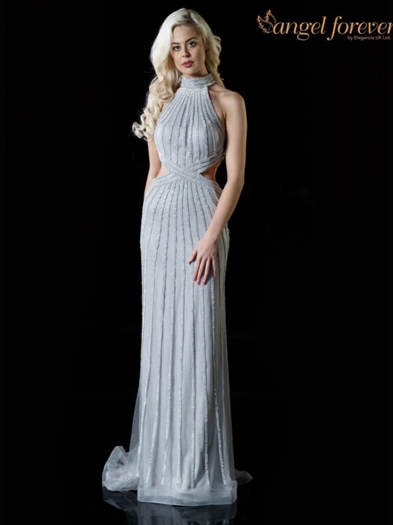 Angel forever diamante high-neck-fitted prom dress with cut outs silver