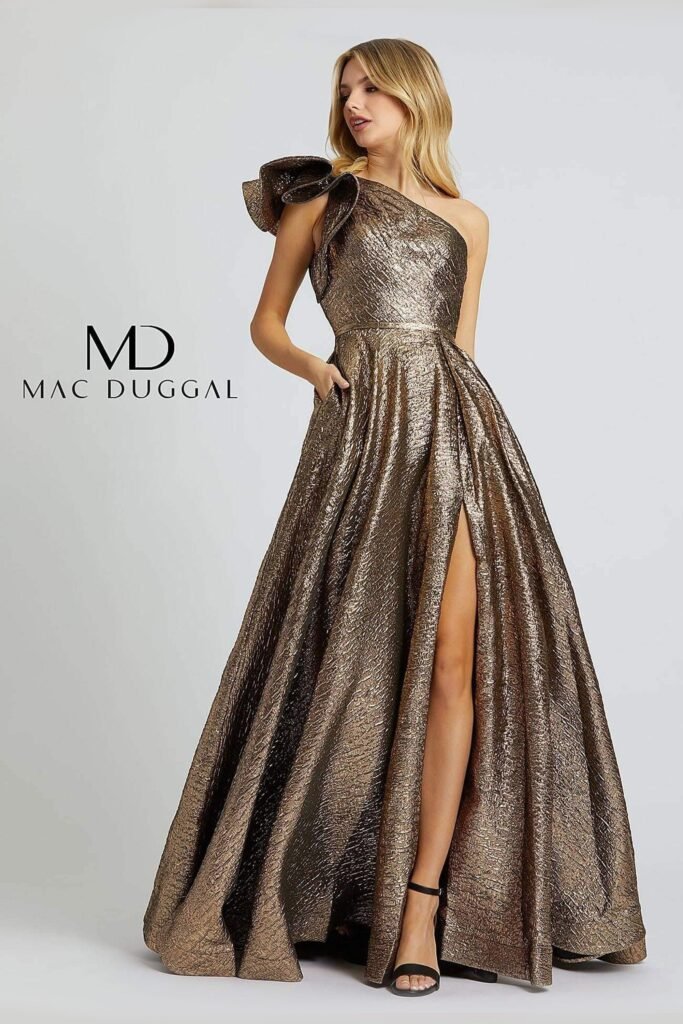 One-Shoulder Metallic Mac Duggal Long one shoulder metallic prom ballgown