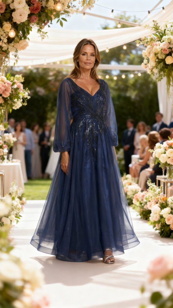 Navy Beaded V-Neck Long Sleeve Gown