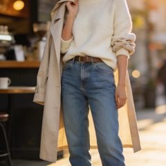 A high-resolution, lifestyle fashion photograph of a stylish young woman standing casually in an urban outdoor setting, sun-drenched in the late afternoon light. She wears relaxed-fit blue denim jeans paired with a cozy cream knit sweater, tucked slightly at the front for a polished line, with the sleeves bunched for a lived-in vibe. Over the sweater, she has a lightweight trench coat in a soft beige tone or a linen jacket draped over the shoulders, left open. She completes the look with comfortable ankle boots or clean sneakers and minimalist gold hoops. A slim belt adds subtle structure. The background features a coffee shop or street scene with soft bokeh, conveying a spontaneous, effortless weekend mood. The subject’s expression is relaxed and approachable, embodying “I meant to be casually cute.” No text visible in the image.