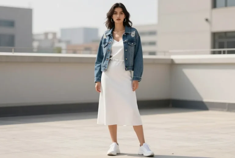 15 White Dress and Distressed Denim Jacket Outfits for a Cool Girl Aesthetic - Chic Edit