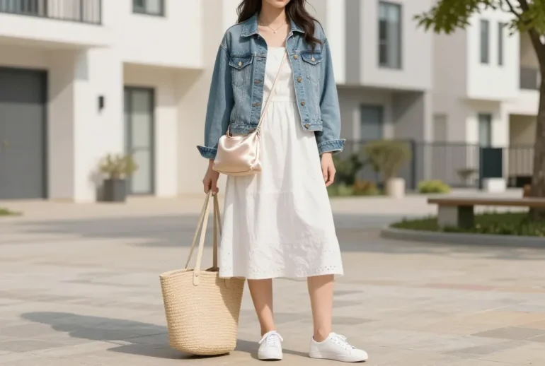 15 White Babydoll Dress and Denim Jacket Ideas for an Everyday Cute Look: Shine Everyday