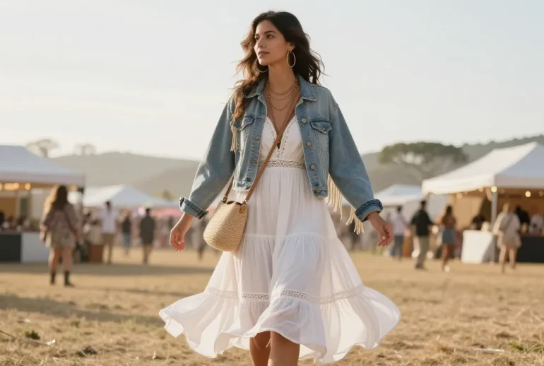 10 Boho White Dress and Denim Jacket Outfits Perfect for Festival Season: Effortless Boho Looks