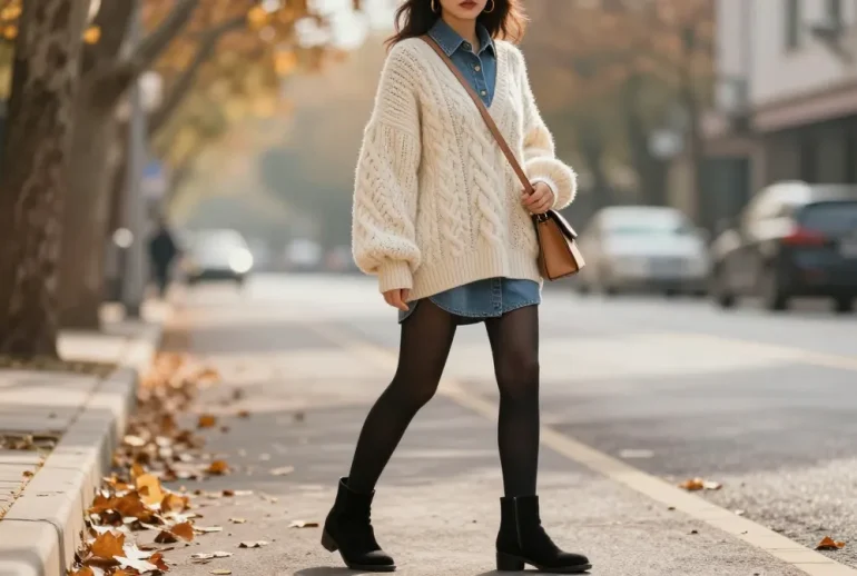 15 Denim Dress and Tights Outfits Perfect for a Fall Day Out: Cozy Picks